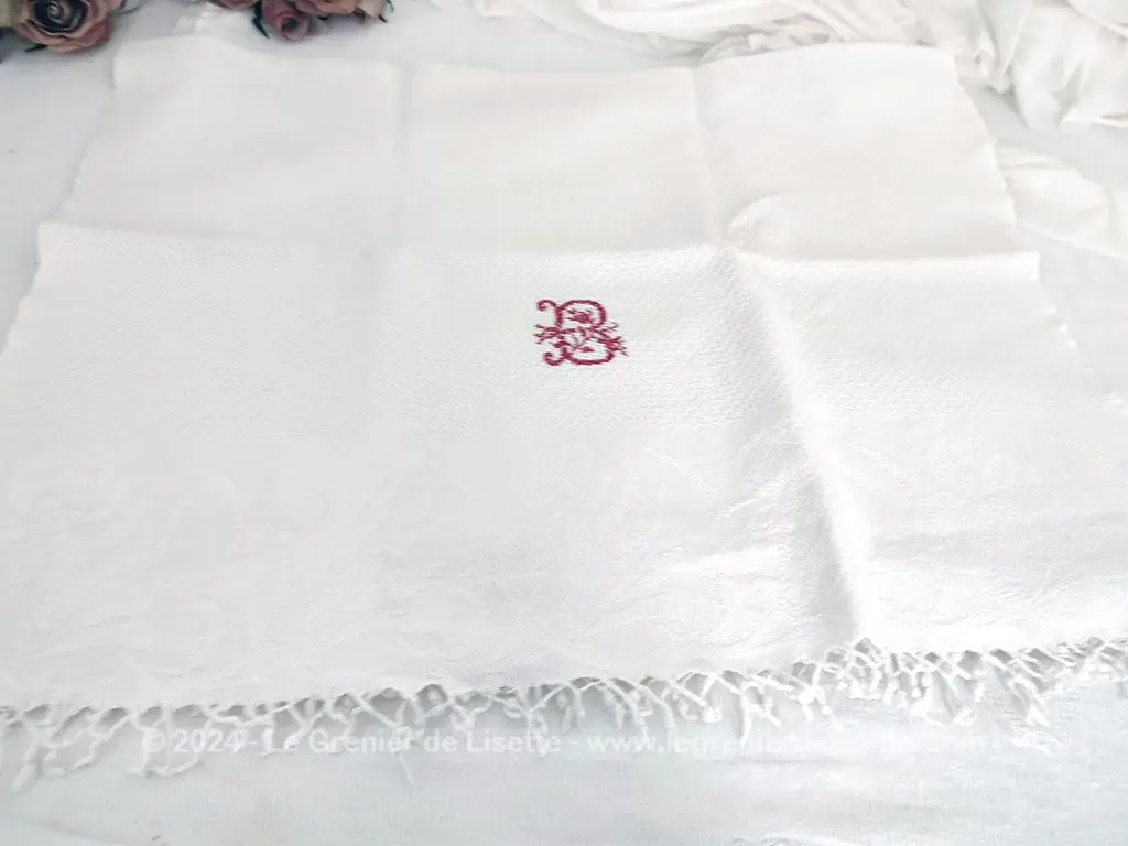 Ancienne grande serviette damassée franges et monogramme B – Image 5
