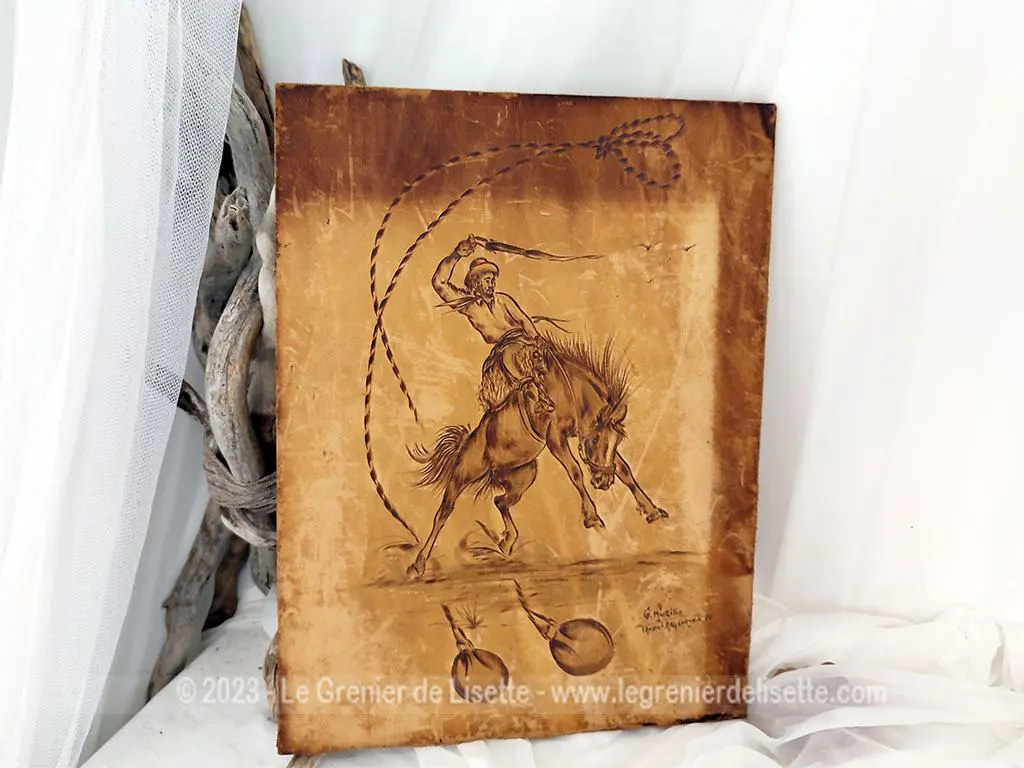 Ancien tableau Gaucho cuir collé sur bois signé Argentine 1980 – Image 4